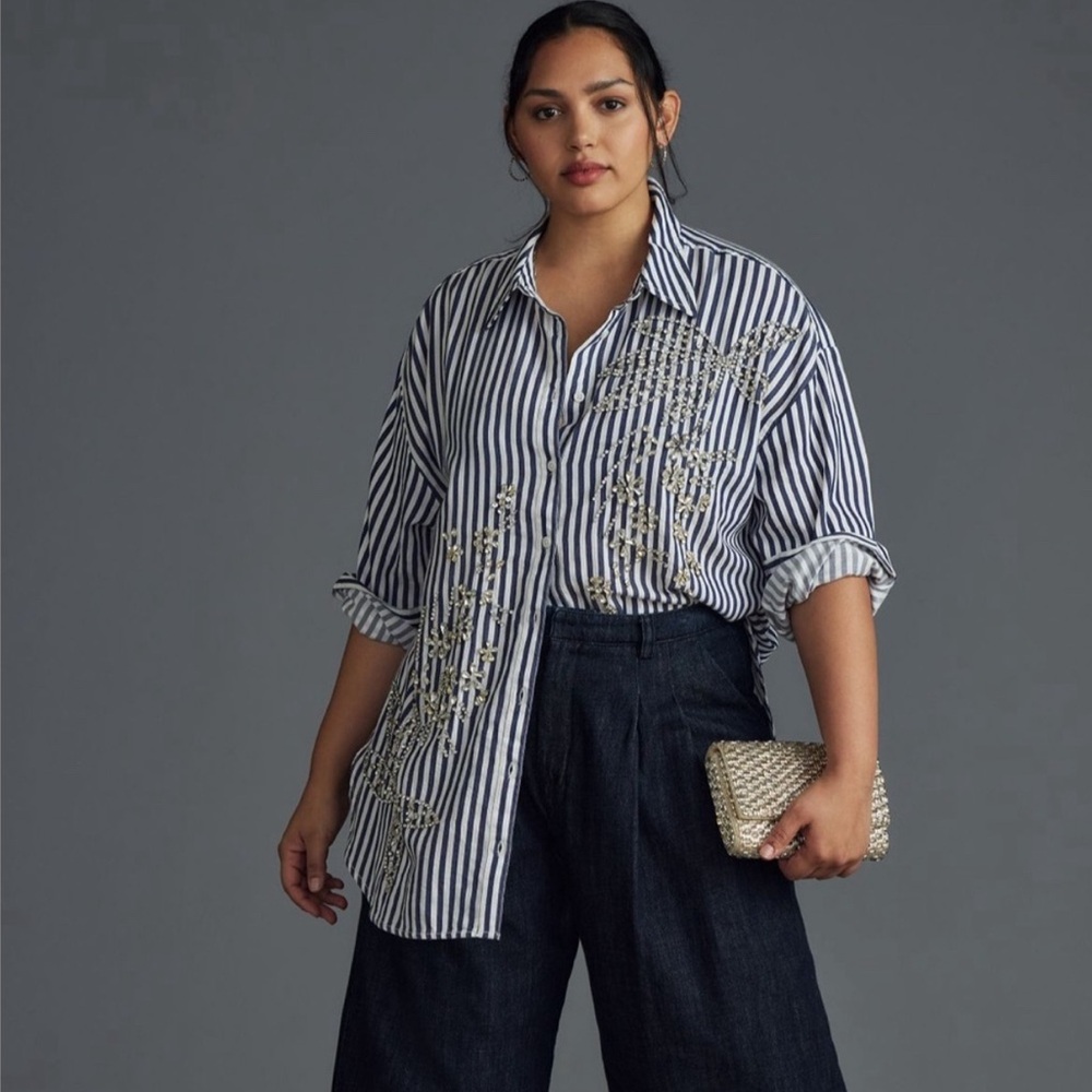Maeve - The Bennett Buttondown shirt striped with sequin design. Anthropologie.